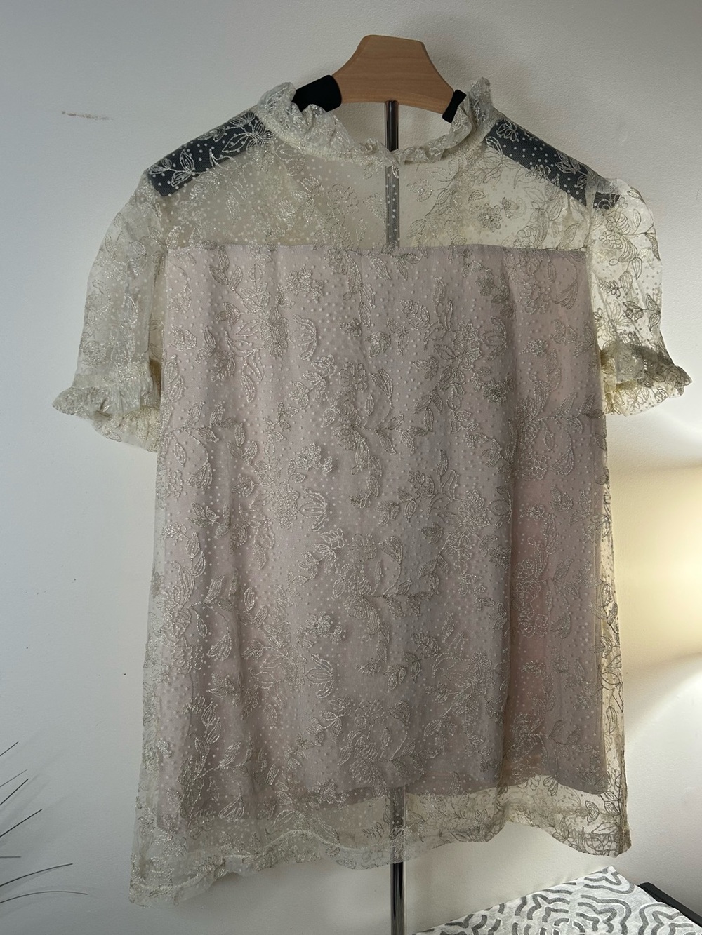 Sheer Lace Ruffle Neck Blouse in Cream